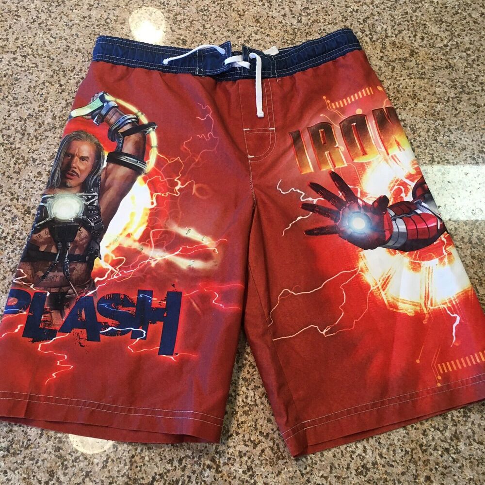 Marvel Iron Man Whiplash Sz 8 Boys Red Super Hero Swim Trunks Shorts Mesh Lined
